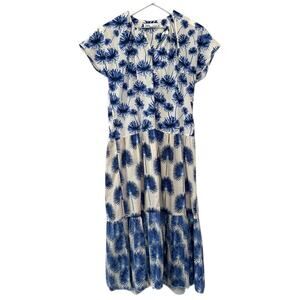 Zara Cobalt Blue Allium Tiered Cotton Ruffled Hem Midi Dress Size XS
